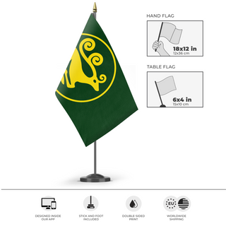 A mockup of the custom flag 'Scythia flag' as a desk flag and small hand waving flag