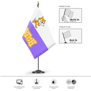 A mockup of the custom flag 'Scratch Flag' as a desk flag and small hand waving flag