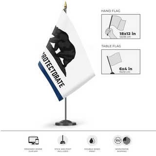 A mockup of the custom flag 'California Protectorate' as a desk flag and small hand waving flag