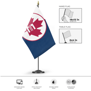 A mockup of the custom flag 'Ontario Enclave flag' as a desk flag and small hand waving flag