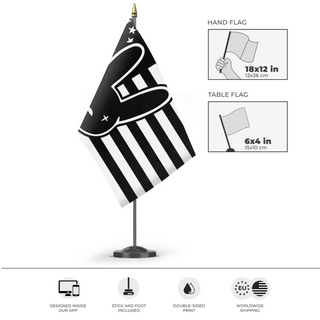 A mockup of the custom flag 'Bad Bunny American Flag Burning' as a desk flag and small hand waving flag