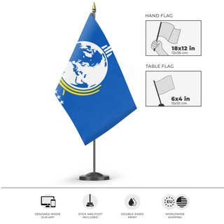 A mockup of the custom flag 'One True Flag' as a desk flag and small hand waving flag