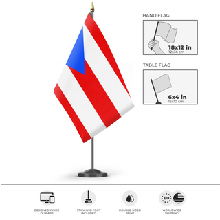 A mockup of the custom flag 'Puerto Rico flag' as a desk flag and small hand waving flag