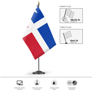 A mockup of the custom flag 'Grito de Lares flag' as a desk flag and small hand waving flag