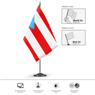 A mockup of the custom flag 'Pro-Independence Peurto Rico flag' as a desk flag and small hand waving flag