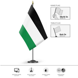 A mockup of the custom flag 'Pan-Arab Tricolor flag' as a desk flag and small hand waving flag
