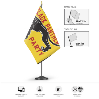 A mockup of the custom flag 'Black Panther Party flag' as a desk flag and small hand waving flag