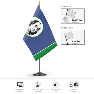A mockup of the custom flag 'State of Franklin Flag' as a desk flag and small hand waving flag