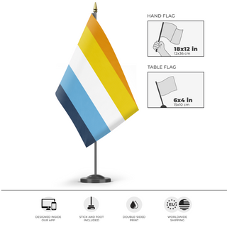 A mockup of the custom flag 'Sunset Flag' as a desk flag and small hand waving flag