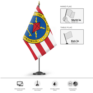 A mockup of the custom flag 'Franklin State flag' as a desk flag and small hand waving flag