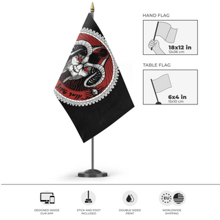 A mockup of the custom flag 'T flag' as a desk flag and small hand waving flag