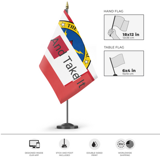 A mockup of the custom flag 'test1 flag' as a desk flag and small hand waving flag