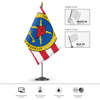A mockup of the custom flag 'test1 flag' as a desk flag and small hand waving flag