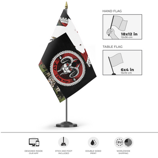 A mockup of the custom flag 'test1 flag' as a desk flag and small hand waving flag