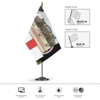 A mockup of the custom flag 'test4 flag' as a desk flag and small hand waving flag