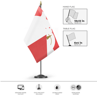 A mockup of the custom flag 'test4 flag' as a desk flag and small hand waving flag