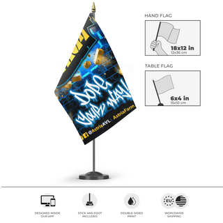 A mockup of the custom flag '[PREVEW] Astria Farm Banner flag' as a desk flag and small hand waving flag