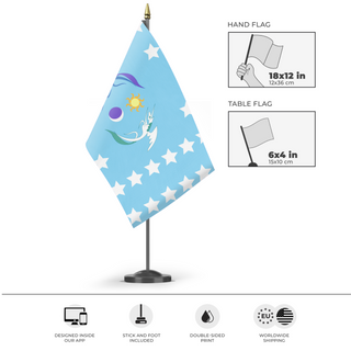 A mockup of the custom flag 'Kingdom of Equestria flag' as a desk flag and small hand waving flag