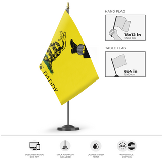 A mockup of the custom flag 'TREAD ON US, DADDY 18X12 flag' as a desk flag and small hand waving flag