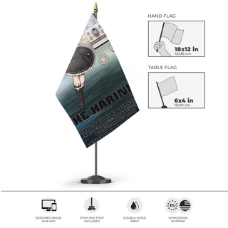 A mockup of the custom flag 'harin flag' as a desk flag and small hand waving flag