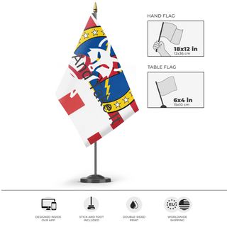 A mockup of the custom flag 'test1 flag' as a desk flag and small hand waving flag