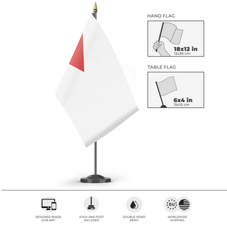 A mockup of the custom flag 'test4 flag' as a desk flag and small hand waving flag