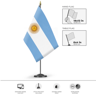 A mockup of the custom flag 'Argentina  flag' as a desk flag and small hand waving flag