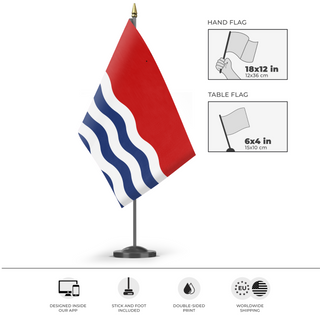 A mockup of the custom flag 'Kiribati  flag' as a desk flag and small hand waving flag