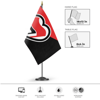 A mockup of the custom flag 'Antifa Love Flag' as a desk flag and small hand waving flag