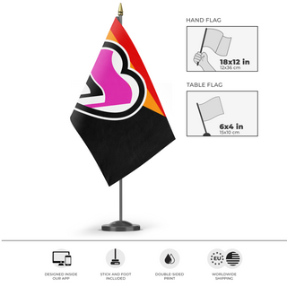 A mockup of the custom flag 'Antifa Pride flag' as a desk flag and small hand waving flag