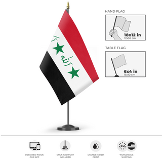 A mockup of the custom flag 'Iraq flag' as a desk flag and small hand waving flag