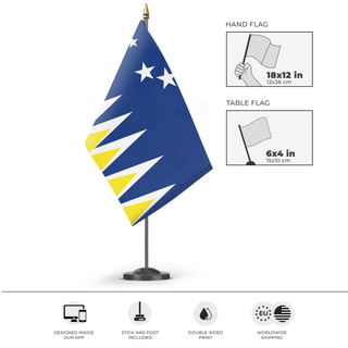 A mockup of the custom flag 'Magalines flag' as a desk flag and small hand waving flag