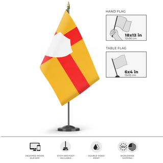 A mockup of the custom flag 'Ulster flag' as a desk flag and small hand waving flag
