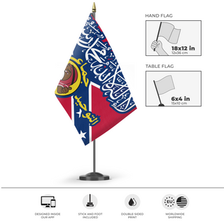 A mockup of the custom flag 'T flag' as a desk flag and small hand waving flag