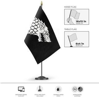 A mockup of the custom flag 'House Stark flag' as a desk flag and small hand waving flag