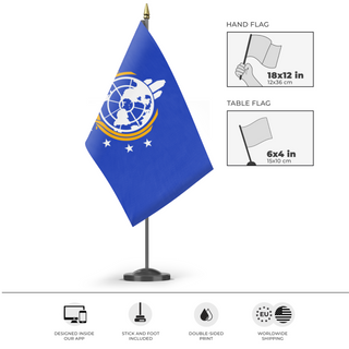 A mockup of the custom flag 'Super Earth flag' as a desk flag and small hand waving flag
