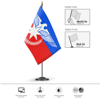 A mockup of the custom flag 'Arakan Army Flag' as a desk flag and small hand waving flag