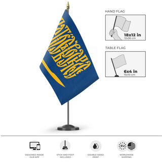 A mockup of the custom flag 'Ukraine in the Style of Saudi-Arabia flag' as a desk flag and small hand waving flag