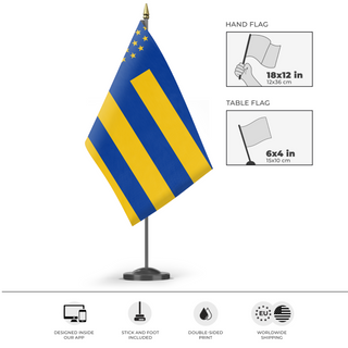A mockup of the custom flag 'European Union in the Style of America flag' as a desk flag and small hand waving flag