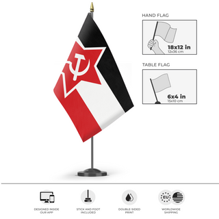 A mockup of the custom flag 'Communist Germany flag' as a desk flag and small hand waving flag