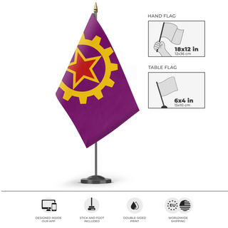 A mockup of the custom flag 'Communist Spain flag' as a desk flag and small hand waving flag
