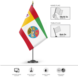 A mockup of the custom flag 'Spanish-Persian Union flag' as a desk flag and small hand waving flag