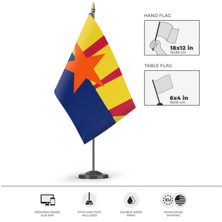 A mockup of the custom flag 'Arazona flag' as a desk flag and small hand waving flag