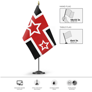 A mockup of the custom flag 'Flag of Ponuea' as a desk flag and small hand waving flag