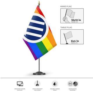 A mockup of the custom flag 'Iron Front Pride flag' as a desk flag and small hand waving flag