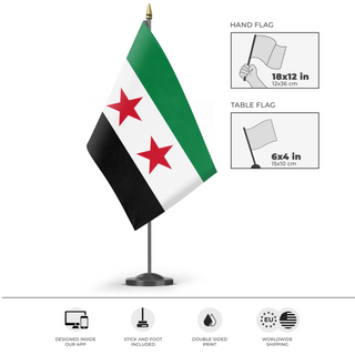 A mockup of the custom flag 'Arab Republic of Syria' as a desk flag and small hand waving flag