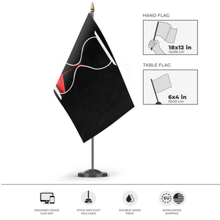 A mockup of the custom flag 'The Seaker flag' as a desk flag and small hand waving flag