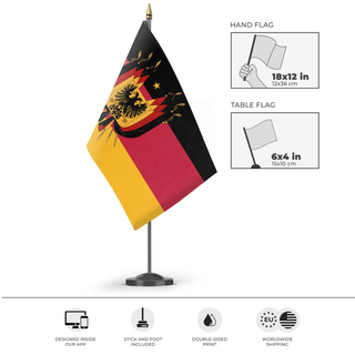 A mockup of the custom flag 'The Empire of Germany flag' as a desk flag and small hand waving flag