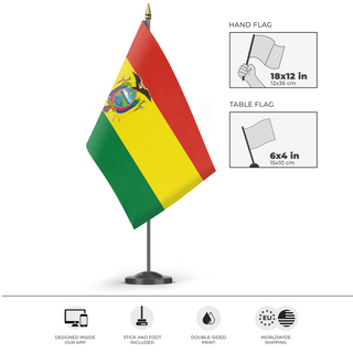 A mockup of the custom flag 'Bolivia  flag' as a desk flag and small hand waving flag