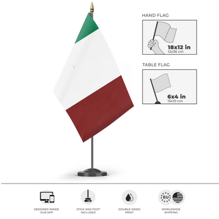 A mockup of the custom flag 'Italy flag' as a desk flag and small hand waving flag